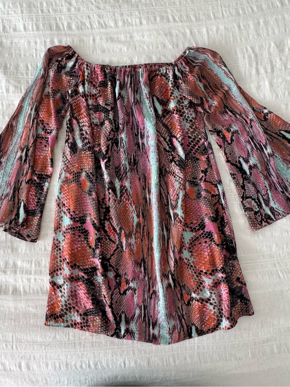 Buddy Love Off-Shoulder Snake-Print Tunic in Pink, Brown & Aqua